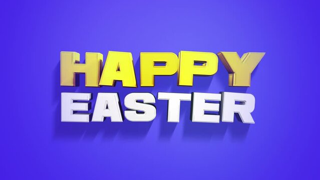 Modern yellow Happy Easter text on blue gradient, motion abstract holidays, promo and advertising style background