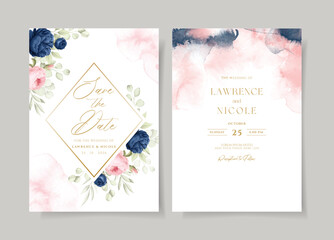 Watercolor wedding invitation template set with navy pink floral and leaves decoration