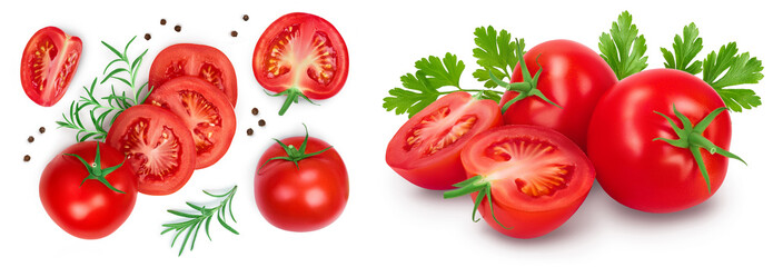 Tomato slices with basil and peppercorns isolated on white background. Top view with copy space for...