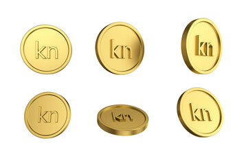 3d illustration Set of gold Croatian kuna coin in different angels