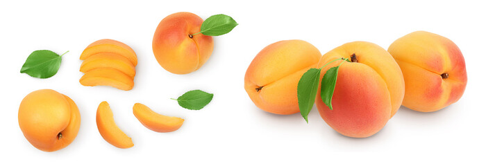 apricot fruit with half and slices isolated on white background. Top view. Flat lay