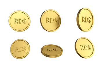 3d illustration Set of gold Dominican peso coin in different angels
