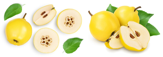 Fresh quince with half and slices isolated on the white background with full depth of field. Top view. Flat lay