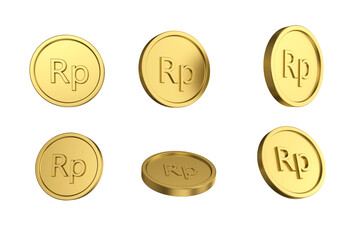 3d illustration Set of gold Indonesian rupiah coin in different angels