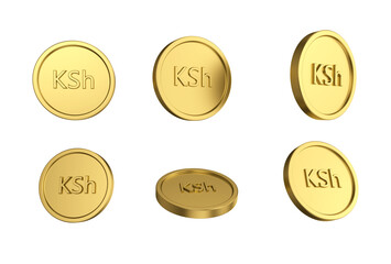 3d illustration Set of gold Kenyan shilling coin in different angels - obrazy, fototapety, plakaty
