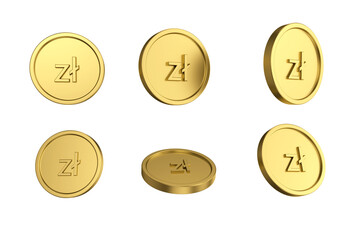 3d illustration Set of gold Polish zloty coin in different angels