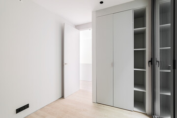 Modern style interior, neutral white color corridor with wooden light parquet floor, sliding...