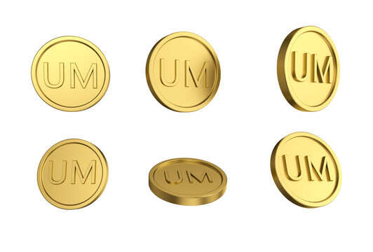 3d illustration Set of gold Ouguiya coin in different angels