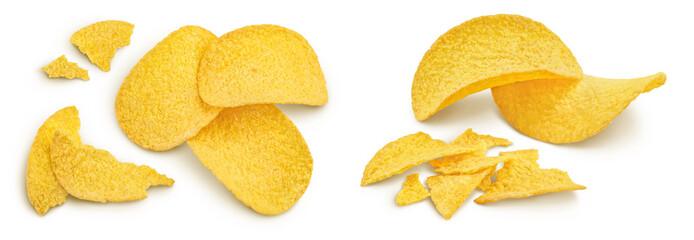 Potato chips isolated on white background with full depth of field. Top view. Flat lay.