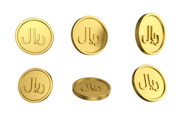 3d illustration Set of gold Yemeni rial coin in different angels