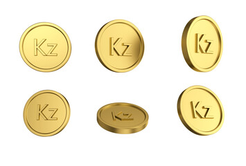 3d illustration Set of gold Angolan kwanza coin in different angels