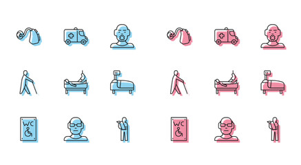 Set line Separated toilet for disabled, Poor eyesight, Hearing aid, Human broken arm, Patient with leg, Hospital bed, Blind human holding stick and Emergency car icon. Vector