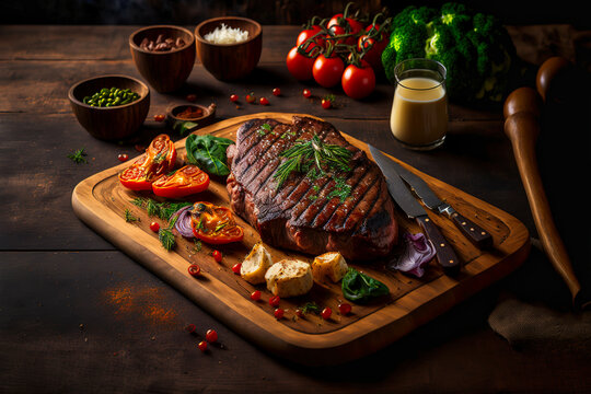 Tasty juicy steak served on a chopping wooden board with ingredients and spices scattered around it