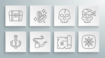 Set line Anchor, Pirate coin, Smoking pipe, treasure map, Wind rose, Skull, captain and Antique chest icon. Vector