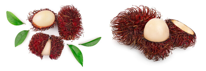 rambutan with leaves isolated on white background. Tropical fruit. Nephelium lappaceum. Top view. Flat lay