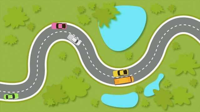 Cars driving on suburban highway, cartoon animation. Car animation against background of countryside with trees and lake. Cars and bus moving along asphalt highway