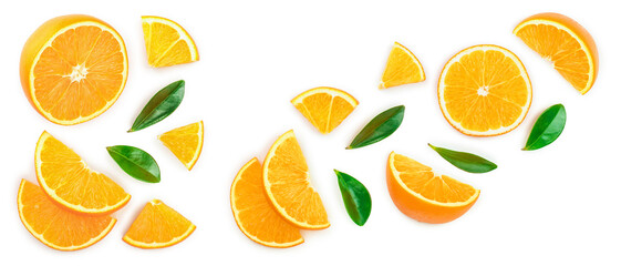 orange with leaves isolated on white background with copy space for your text. Top view. Flat lay