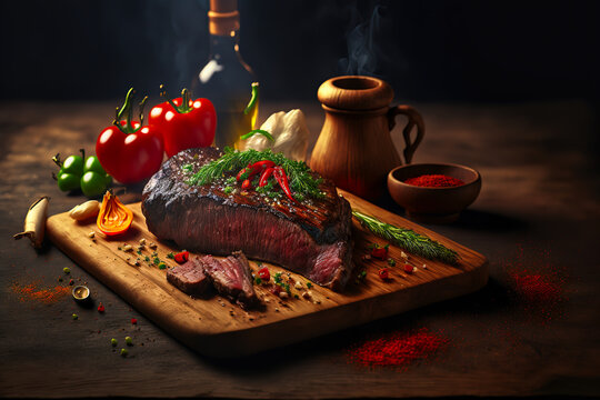 Tasty juicy steak served on a chopping wooden board with ingredients and spices scattered around it