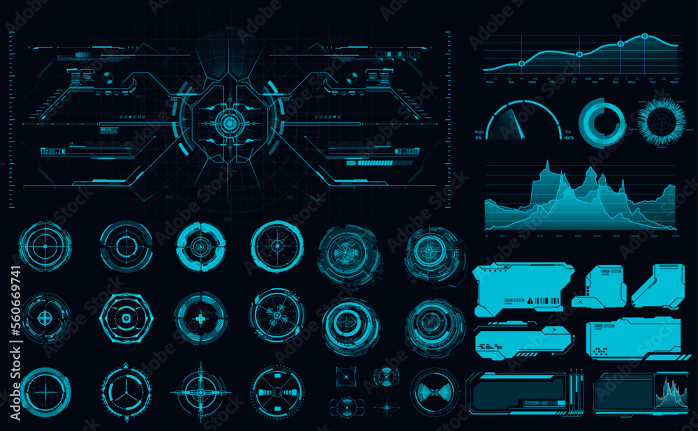 Poster sci-fi futuristic hud dashboard display virtual reality technology screen. hud target aims on radar 