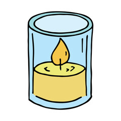 Burning aroma candle in a jar. Single doodle illustration. Hand drawn clipart for card, logo, design