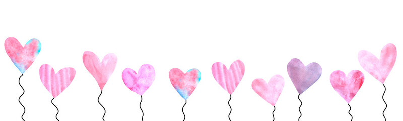 Fototapeta na wymiar Long horizontal banner with balloons hearts. Bright, festive, cheerful summer, spring background for birthday, Valentine's day, congratulations, declarations of love