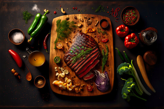 Tasty juicy steak served on a chopping wooden board with ingredients and spices scattered around it
