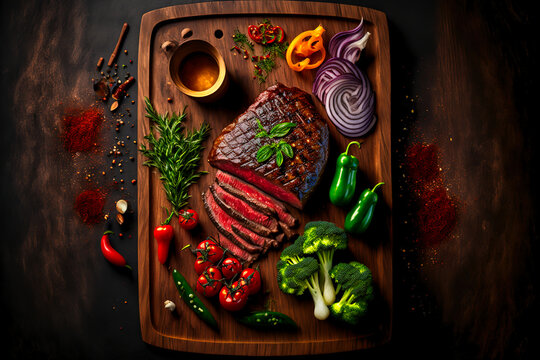 Tasty juicy steak served on a chopping wooden board with ingredients and spices scattered around it