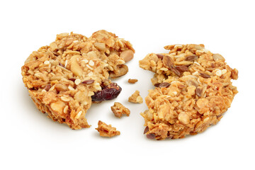 Granola cookie isolated on white background with full depth of field.
