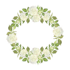 Round wreath of white roses and buds with leaves. Place for inscription or text. Watercolor illustration. Isolated on a white background. For design of dishes, greeting card, wedding invitation