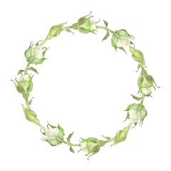 Round wreath of white roses buds with leaves. Place for inscription or text. Watercolor illustration. Isolated on a white background. For design of dishes, greeting card, wedding invitation