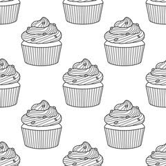 Muffins pattern, black lines, on a white background, vector illustration, hand draw