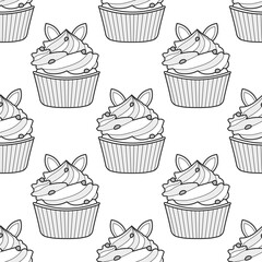 Muffins pattern, black lines, on a white background, vector illustration, hand draw