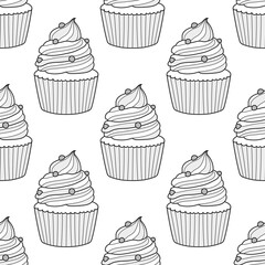 Muffins pattern, black lines, on a white background, vector illustration, hand draw