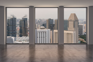 Fototapeta na wymiar Downtown Singapore City Skyline Buildings from High Rise Window. Beautiful Expensive Real Estate overlooking. Empty room Interior Skyscrapers View. Sunset. 3d rendering.