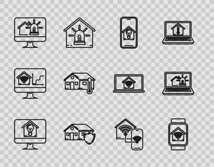 Set line Computer monitor with smart house and light bulb, Smart watch home wi-fi, Mobile phone, House under protection, alarm, temperature, and Laptop icon. Vector