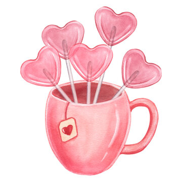 Pink mug with sweet sugar lollipop in the shape of a heart on a stick. Hand drawn watercolor illustration. Isolated on white background