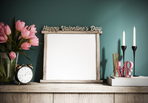 Empty white mockup picture frame with Happy Valentine's Day text. Pink tulip flowers with decoration. 3D Rendering, 3D Illustration