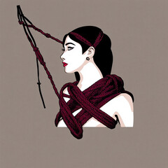 Woman tied in bondage. Girl tied with ropes. BDSM play with ropes. Kinky woman in shibari. Drawing of erotic art. Japanese woman with red lips. Japanese bondage art. Submissive girl. Generative AI