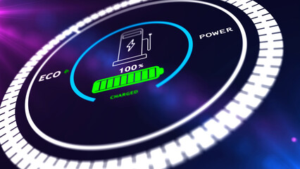 Electric car battery in active charging visionary dashboard . 3D rendering computer graphic .