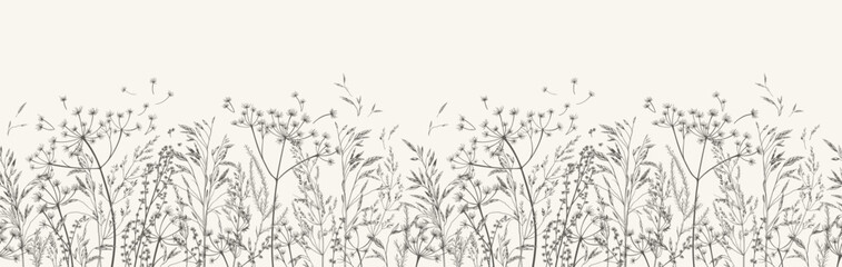 Vector illustration with wild and dry grass. Panoramic horizontal seamless pattern. Autumn field. Ornament for wallpaper, card, border, banner or your other design. Black and white. Engraving.