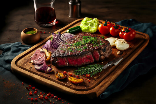 Tasty juicy steak served on a chopping wooden board with ingredients and spices scattered around it