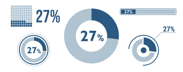 27% percentage infographic set. Twenty-seven circle diagram, pie donut chart, progress bar. 27 percent loading data icon. Vector concept collection.