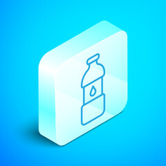 Isometric line Bottle of water icon isolated on blue background. Soda aqua drink sign. Silver square button. Vector