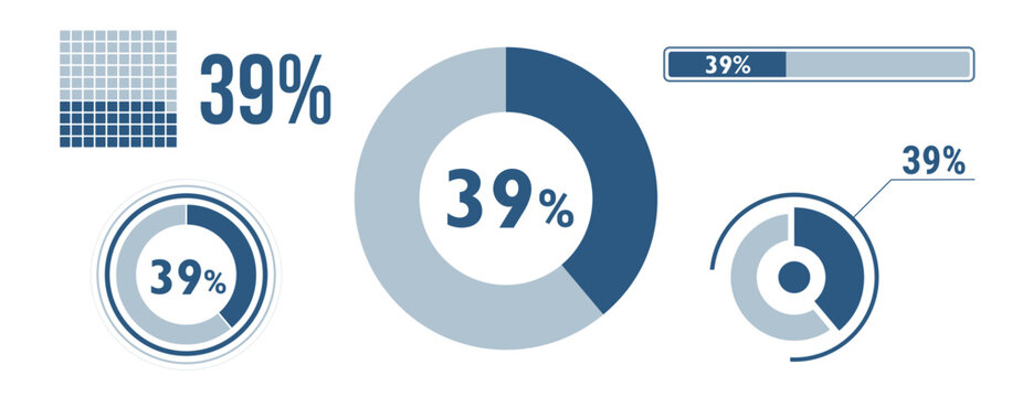 39% percentage infographic set. Thirty-nine circle diagram, pie donut chart, progress bar. 39 percent loading data icon. Vector concept collection.