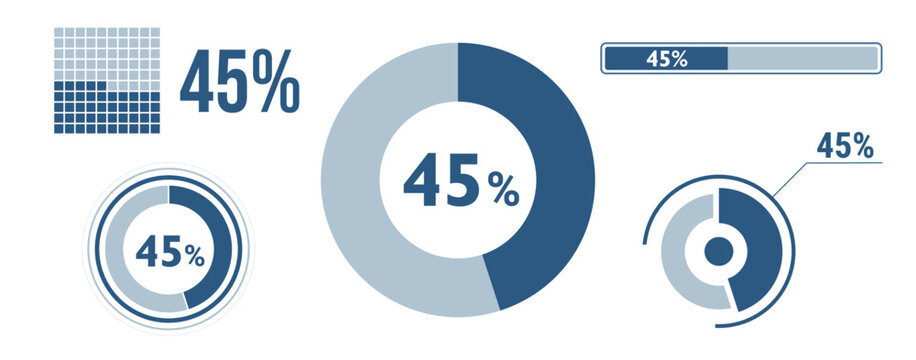 45% percentage infographic set. Forty-five circle diagram, pie donut chart, progress bar. 45 percent loading data icon. Vector concept collection.