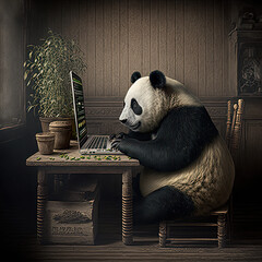 A panda eating bamboo while using a computer