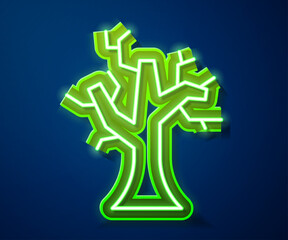 Glowing neon line Withered tree icon isolated on blue background. Bare tree. Dead tree silhouette. Vector