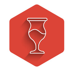 White line Jewish goblet icon isolated with long shadow. Jewish wine cup for kiddush. Kiddush cup for Shabbat. Red hexagon button. Vector