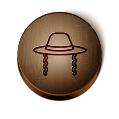 Brown line Orthodox jewish hat with sidelocks icon isolated on white background. Jewish men in the traditional clothing. Judaism symbols. Wooden circle button. Vector