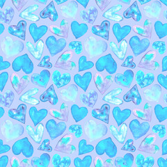 Seamless pattern with watercolor hearts. Romantic love hand drawn backgrounds texture. For greeting cards, wrapping paper, wedding, birthday, fabric, textile, Valentines Day, mothers Day, easter